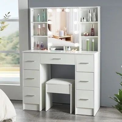 Produktbild von Make-up-Station mit LED-Beleuchtung und anpassbarer Helligkeit, Weiß, 7 USB-Anschlüssen, 6 Arbeitsplatten, 2 versteckten Fachplatten.