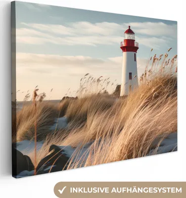 Produktbild von MuchoWow® - Leinwandbilder - Leuchtturm - Gras - Dünen - Meer - Natur - Maritim, Wandbild, Wanddeko Bilder Wohnzimmer, 80x60cm