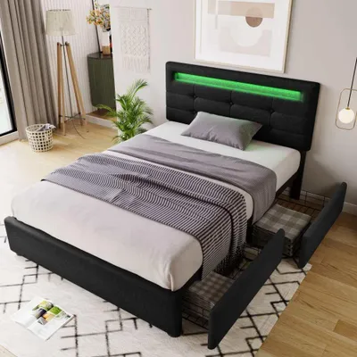 Obrázek produktu pro Moderní čalouněná postel s LED osvětlením, výškově nastavitelným čelem a 2 flexibilními zásuvkami, robustní dřevěný lamelový rám, černá barva, vhodná pro rozměry 90x200 cm