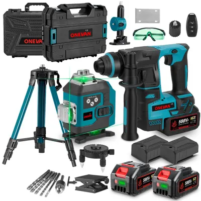 Zdjęcie produktu dla Poziomica laserowa akumulatorowa wiertarka udarowa z 4 akumulatorami i statywem (1M) Bezszczotkowa wiertarka udarowa SDS-Plus 16 linii Poziomica laserowa 4° Samopoziomowanie