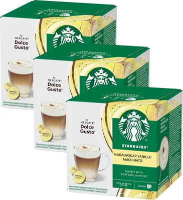 Produktbild von Nescafé Dolce Gusto Starbucks Vanilla Latte Macchiato 3er Set, Milchkaffee, Kaffeekapsel, Röstkaffee, 3x6 Portionen
