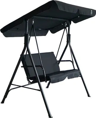 A black two-seater garden swing with a canopy.