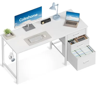 Schreibtisch mit 3 Stoffschubladen, 120x48 cm, Weiß, umkehrbar