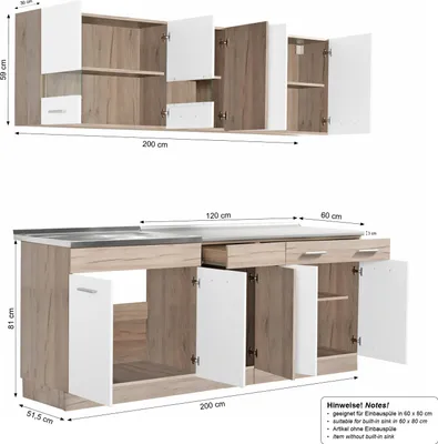 Zdjęcie produktu dla Kuchnia Homestyle4u, seria "Kuchnia do zabudowy", wymiary: 200 cm szerokości, kolor: jasny, matowy biały, przeznaczona dla jednej osoby
