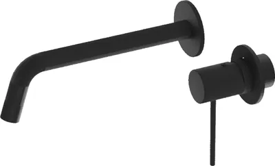 A black wall-mounted faucet and its control handle are shown against a white background.