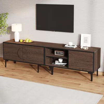Produktbild von Merax TV-Schrank mit 3 Türen und 2 offene Ablagefächer, stabiler TV-Ständer für Wohnzimmer, TV-Lowboard für bis zu 80 Zoll Fernseher, Walnuss