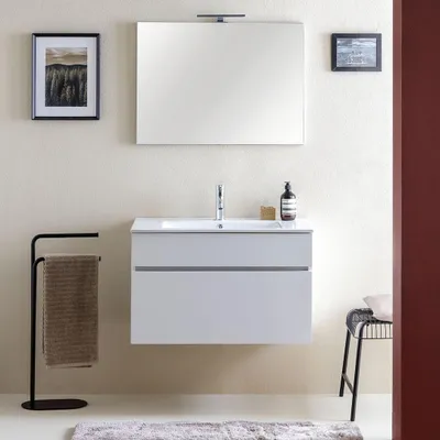 Produktbild von Badezimmermöbel-Set in Weiß mit Holzoptik, 80 x 46 cm | Sole