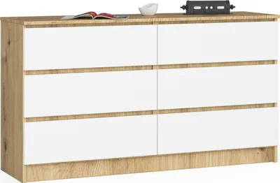 Produktbild von Kommode AKORD K140 Eiche Artisan 138 cm 6 Schubladen Front Weiß B138 x H77 x T40 cm
