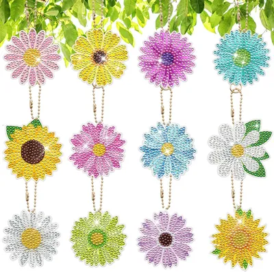 Produktbild von 12 Stück Diamond Painting Schlüsselanhänger, Doppelseitige 5D Diamond Blumen Diamond Painting Anhänger Crystal Strass Mosaik Diamant Malerei schlüsselbund Stickerei Kunst Handwerk für Frauen Mädchen