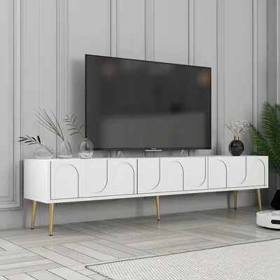 Image de Skye Decor, Lyon 43 - Blanc, Or, Meuble TV, Blanc, PANNEAUX DE PARTICULES 100 % MÉLAMINÉS, 180 x 35 x 43 cm