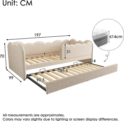 Productafbeelding van Dagbed 90 x 190 cm met uitschuifbaar bed, lattenbodem, linnen, beige