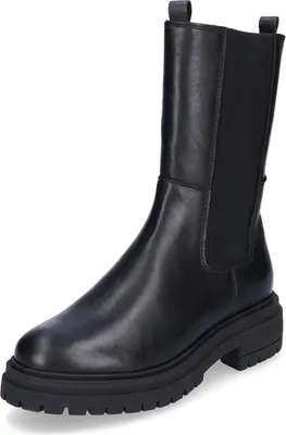 A black leather boot with a thick sole, shown against a white background.