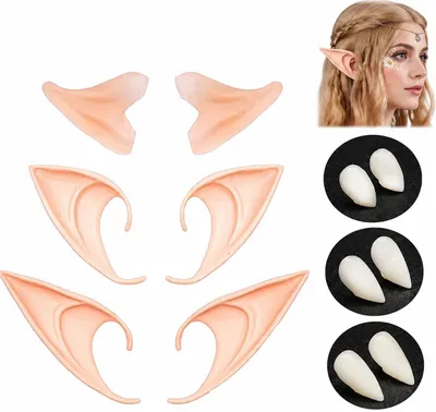 Imagen del producto de Conjunto de orejas de elfo y dientes de vampiro, incluye 3 pares de orejas de elfo de látex, 3 pares de dientes artificiales, accesorios para disfraces de Halloween