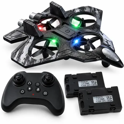Productafbeelding van Pirox RC Skycopter Drone – Straaljager – 4 Propellers – 2.4 GHz – 360° Flips – 2 Batterijen – Bestuurbaar Vliegtuig – Zwart