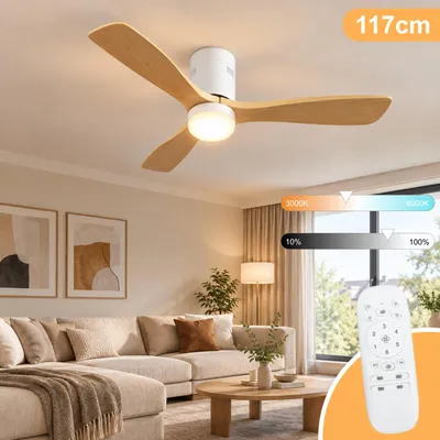 Produktbild von Deckenventilator mit LED Beleuchtung & Fernbedienung - Leise DC Motor, Dimmbar, Hellbraun Holzoptik.
