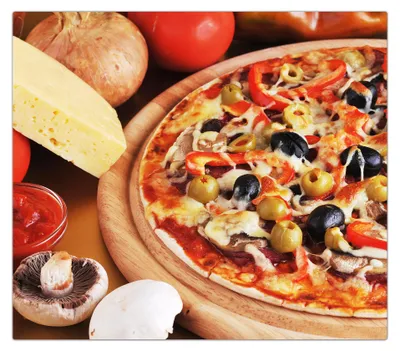 Produktbild von Spritzschutz Herdabdeckplatte Schneidebrett aus Glas Pizza und Gemüse 1-Teilig (60x52cm)