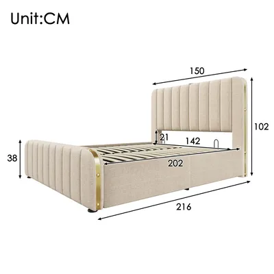 Image de OKWISH Lit coffre 140x200 cm - Lit double rembourré avec fonction USB Type-C - Lin - Sans Matelas - Beige