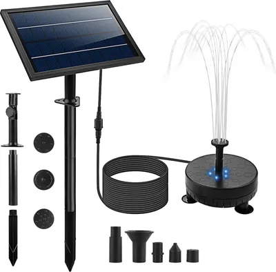 Zdjęcie produktu dla Solarna pompa wodna z 5 kolorowymi światłami LED, 7-częściowy zestaw dysz, solarna pompa fontannowa, 170 l/h, maks. natężenie przepływu, 40šC60 cm wysokości natrysku, z wbudowanym akumulatorem, kablem 3 m, montażem ściennym i panelem naziemnym do oczek wodnych, ogrodów, wanien dla ptaków