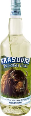 A bottle of Grasovka Bison Grass Vodka against a white background with a depiction of a bison and grass.