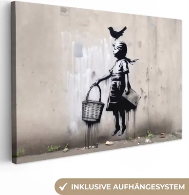 Produktbild von MuchoWow® - Leinwandbilder - Graffiti - Mädchen - Vogel - Straßenkunst - Banksy-Stil, Wandbild, Wanddeko Bilder Wohnzimmer, 90x60 cm