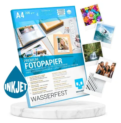 Produktbild von SKULLPAPER® Fotopapier A4 Hochglanz Premium | 50 Blatt 200 g/m² | Inkjet Tintenstrahldrucker | sofort trocken | wasserfest