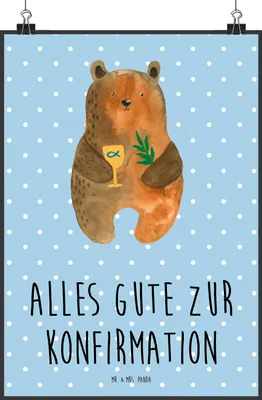 Produktbild von Mr. & Mrs. Panda Bild Bär Konfirmation DIN A0 - Blau Pastell - Geschenk, Evangelisch, Kirche, drucke, kunstdruck poster, wanddruck, Teddy, Gottesdienst, Wandbild