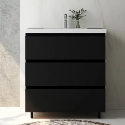 Produktbild von Badmöbel Set 80 cm Alast Schwarz Waschbecken mit Unterschrank Hängeschrank mit Schrankfüße Softclose
