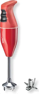A red Bamix hand blender with its blade attachment shown separately on a white background.