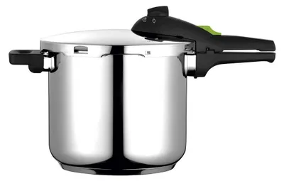 A stainless steel pressure cooker is shown against a white background.