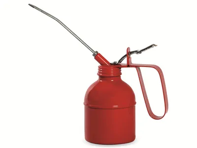 A red oil lubricator with a silver spout and handle is shown against a white background.