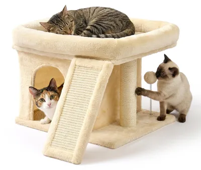 Obrázek produktu pro Relaxdays, kočičí strom, s pelíškem, škrabadlem a odpočívadlem, měkká kočičí bouda, rozměry: 38,5 x 54 x 45 cm, sisal, béžová barva