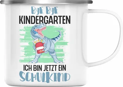 Produktbild von Trendation - Einschulung Junge Dino Geschenk für Schultüte Füllung Emaille Tasse Schulstart 1. Schultag Schuleinführung Schulanfang Geschenkidee Schulkind 2022 (Silber)