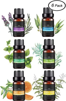 Produktbild von Sada esenciálních olejů, 100% čistý aromaterapeutický vonný olej do difuzérů a aromaterapie, 6 x 10 ml - levandule, eukalyptus, tea tree, máta peprná, pomeranč, citronová tráva