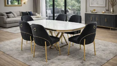 Productafbeelding van Eettafel met 6 stoelen, moderne stijl, wit, ovaal, comfortabel en praktisch