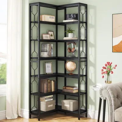 A corner bookshelf filled with decorative items and books.