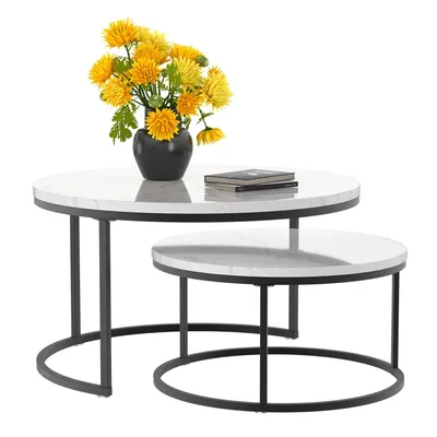 Produktbild von MODFU 2er-Set Couchtische rund,Satztisch,Wohnzimmertisch mit schwarzem Metallrahmen und weißer Tischplatte,stapelbarer Beistelltisch für Wohnzimmer