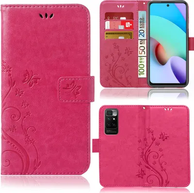 A collage of images showing a pink phone case with a floral design, including a view of the case open with cards and money inside, and a view of the case closed with a phone inserted.