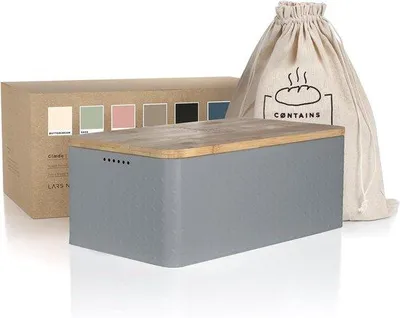 Produktbild von Metallene Brotbox mit Bambusdeckel, Grau, 34x18,5x13,5cm