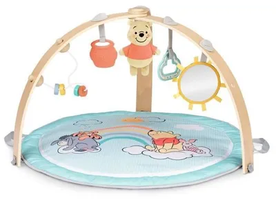 Obrázek produktu pro Dětská hrací podložka, Disney Medvídek Pú, oboustranná, skládací, s dřevěným hracím obloukem, smyslové a hudební hračky, zrcátko