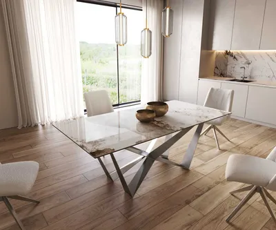 Produktbild von DELIFE Esstisch Edge 200x100 Keramik Minas Melange Weiß-Beige Spider Flachstahl Edelstahl