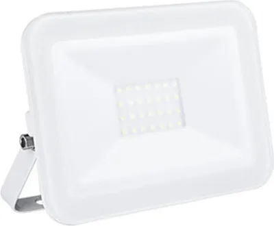 A white LED floodlight with a metal bracket is shown against a white background.