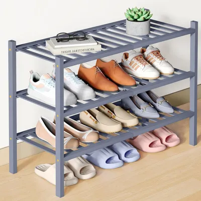 Immagine prodotto di Scaffale per scarpe in bambù, 3 ripiani, grigio, impilabile, salvaspazio