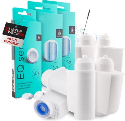 Produktbild von MEISTERZWECK4U Pflegeset Kaffeevollautomaten - 6x Wasserfilter, 2x Entkalkungstabletten, 1x Reinigungstabletten, Reinigungsbürste - Reinigungsset Kaffeemaschinen Siemens, EQ Series, Supresso, Bosch