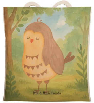 Produktbild von Mr. & Mrs. Panda Stofftragetasche Eule Zufrieden Design - Weiß - Geschenk, Hochzeitstag, Waldtier, Beuteltasche, Einkaufstasche, Tote Bag, Müde, glücklich, Liebe Spruch