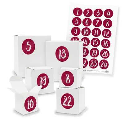 Produktbild von Adventskalender zum Füllen 24x Quader Würfel gemischt WEISS + Sticker (V01 Z49)