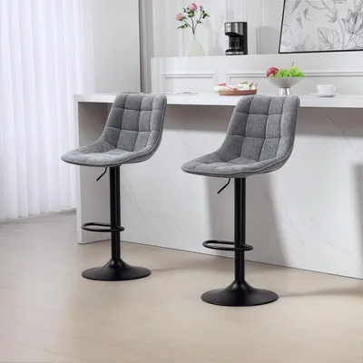 Produktbild von Barhocker 2er-Set Dunkelgrau, Tresenhocker drehbar Rückenlehne, Küchenhocker Polyester Gaslift | 63–84 cm | 360° | Stahl