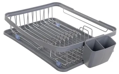 Obrázek produktu pro Stojan na sušení nádobí - sušák na nádobí - 43 cm, ocelová konstrukce - s košem na příbor - pro umístění na pracovní desku - šedá barva