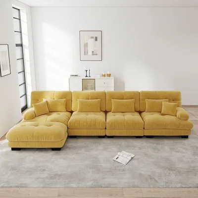 Zdjęcie produktu dla Modułowa narożna sofa, 4-osobowa, model "Cloud Couch", ruchomy puf, możliwość samodzielnego tworzenia konfiguracji (żółty)
