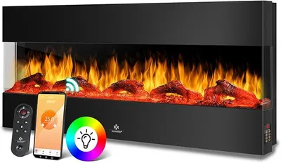 Zdjęcie produktu dla Kominek elektryczny 3D, 138 cm, z funkcją ogrzewania, 9 trybów kolorystycznych LED, efekt płomienia, 900/1800 W, kominek do montażu na ścianie lub wbudowany, ogrzewanie, sterowanie za pomocą aplikacji, pilot, kolor czarny