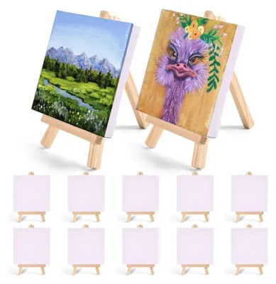 Produktbild von 10 Stück Mini Leinwand mit Staffelei, Mini Staffelei Set, Staffelei Klein, Mini Staffelei Holz, Faltbar Holzstaffelei, Fotohalter, Dreieck Staffelei für Malhandwerk Fotoalbum Hochzeit Geburtstag